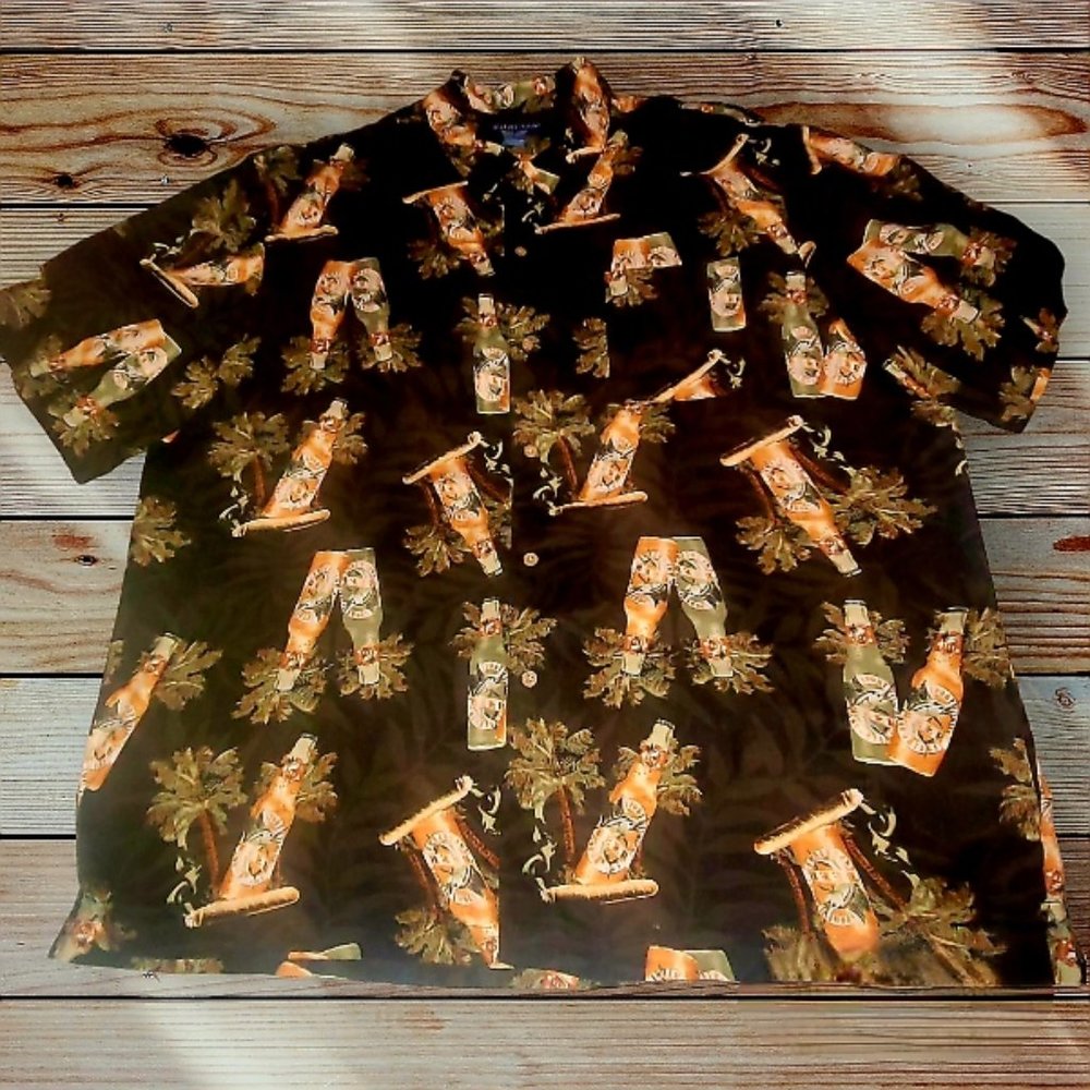 PURITAN XL (46-48) Men's Short Sleeve Button Down Shirt Beer Bottles Palm Trees